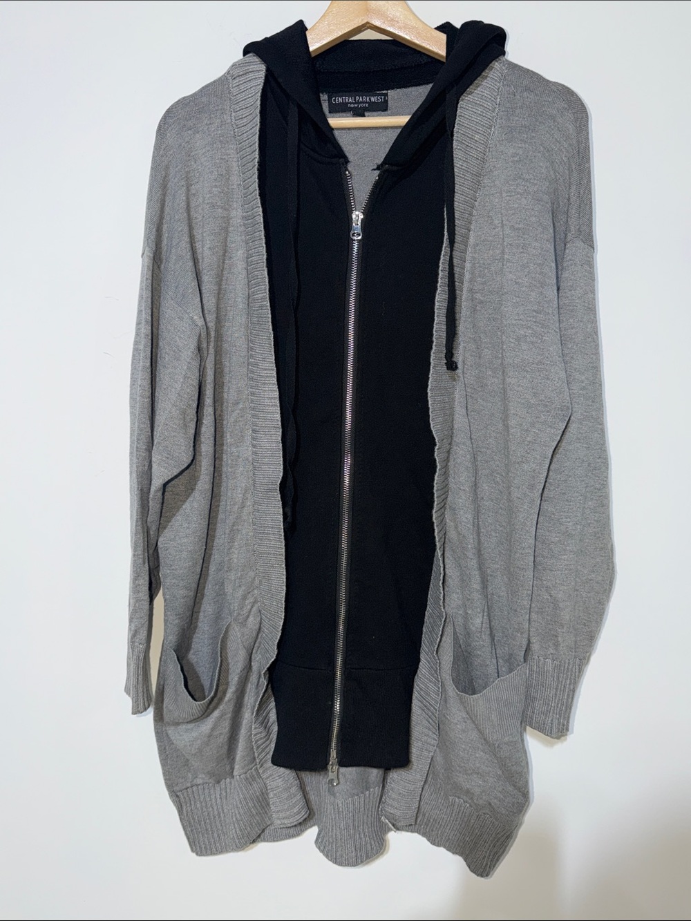 Central Park West Light Gray Open Cardigan with Pockets and black lining large